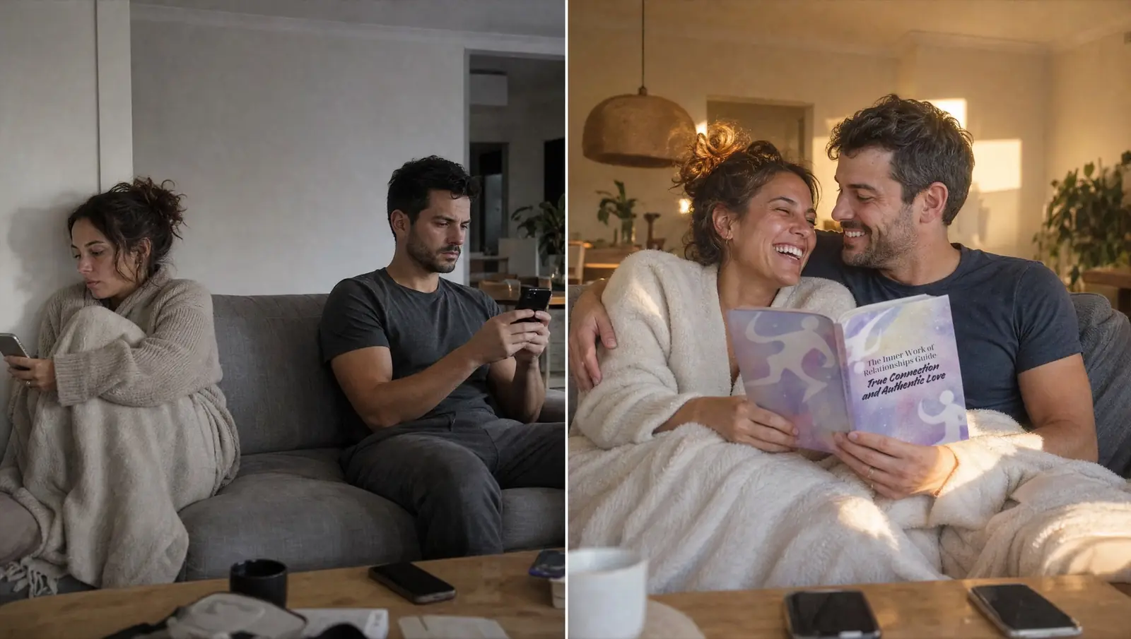 Before: a couple on the same sofa, distant, each on their phone. After: the same couple close and laughing, reading the guide together