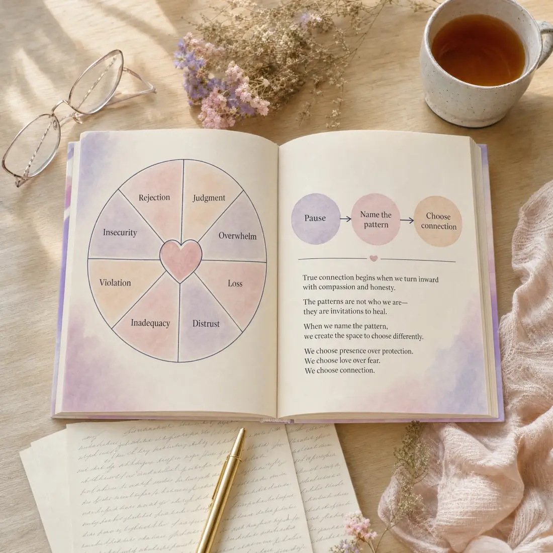 The guide open on its diagrams of the wounding themes