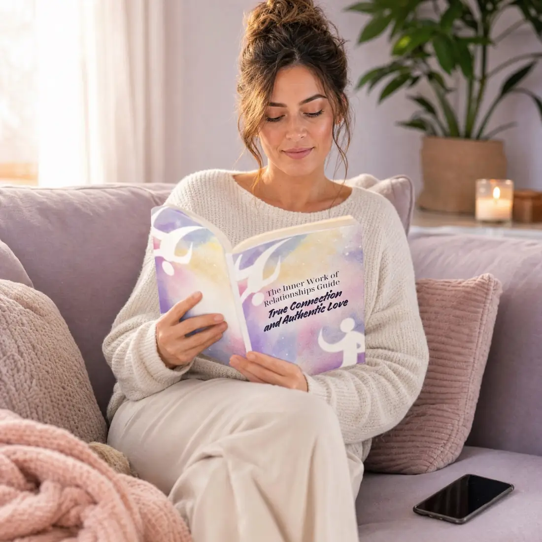 Woman reading The Inner Work of Relationships Guide on her sofa